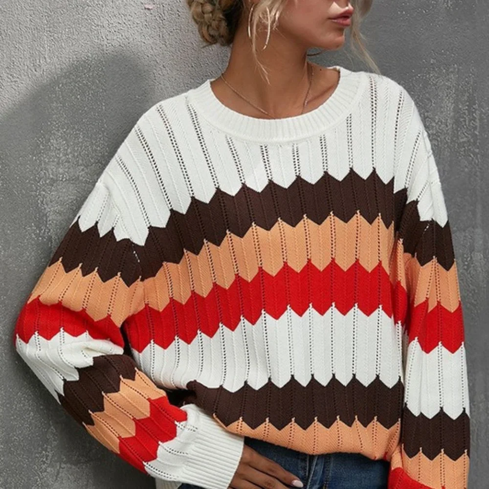 Cozy Color block oversized striped knit sweater Top - Picture 3 of 5